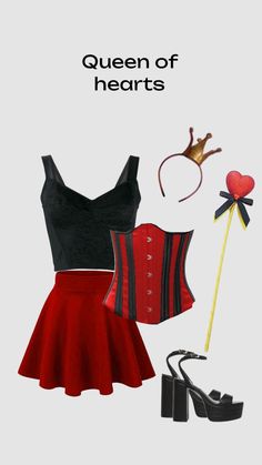 a woman's outfit and accessories are featured in this ad for the queen of hearts