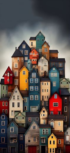 a bunch of houses that are stacked on top of each other in the middle of an overcast sky