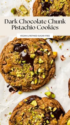 chocolate chunk pistachio cookies on parchment paper with text overlay that reads dark chocolate chunk pistachio cookies