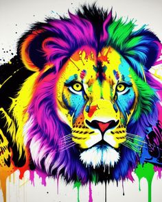 a colorful lion is shown with paint splatters on it