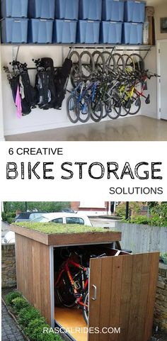 there is a bike storage solution in the garage with lots of bins on it