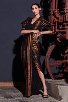 Shop for Manika Nanda Brown Crepe Spandex Metallic Draped Gown for Women Online at Aza Fashions Copper Gown, Gown With Drape, Draped Gown, Goddess Gown, Drape Gowns, Gown For Women, Black Tie Dress, Metallic Copper, Ladies Gown