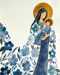 a painting of a woman holding a child in her arms with blue flowers around her