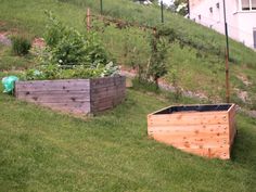 two wooden boxes with plants growing out of them on the side of a grassy hill