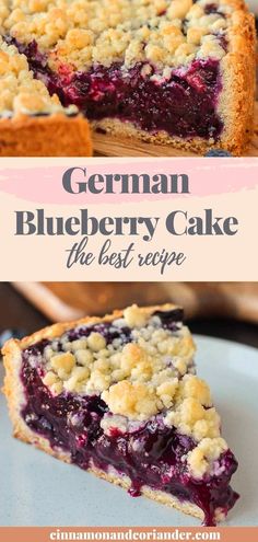 a blueberry cake with crumbs on top and the words, german blueberry cake