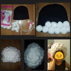 there are four pictures of different hats made out of cotton balls