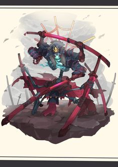 an anime character holding two swords in one hand and standing on top of a pile of debris