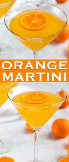 an orange martini is garnished with sliced oranges and served in coupe glasses