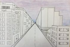 a drawing of a city street with buildings on both sides and a sky line in the middle