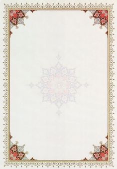 a white and red border with an ornate design on the bottom, surrounded by flowers