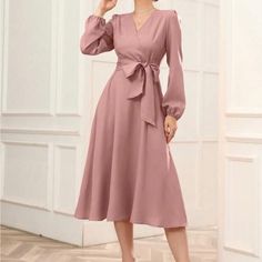 100% Polyester, Color: Dusty Pink Pink Wrap Dress Winter, Tied Dress, Belted Wrap Dress, Sunday Dress, Semi Formal Dress, Dress Women Elegant, Bubble Sleeve, Spring Summer Dress, Women Long Dresses