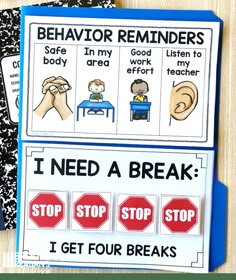 the behavior reminders for students to use on their books are shown in blue folders