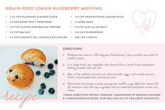 the recipe for blueberry muffins is shown in pink and white, with berries on