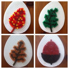 four different types of bead art on plates with trees in the middle one is red, green and brown