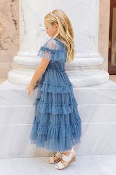 Whimsical Dress, Layered Tulle Skirt, Mom Wedding, Dreamy Dress, Pixie Dust, Slate Blue, Dress Blue, Flutter Sleeve, Pretty Dresses