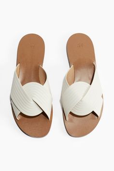 Sandals with rounded toes and a wide  crossover foot strap with a fluted finish. Strap Sandals Women, Synthetic Rubber, Low Heels, Strap Sandals, Crossover, Womens Sandals, Heel Height, H&m, Slippers