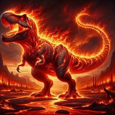 a large dinosaur standing in the middle of a fire filled field with flames coming out of it's mouth