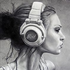 a drawing of a woman with headphones in her hair and the word god written on it