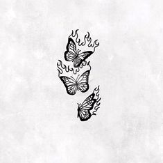 three butterflies flying in the air with flames coming out of them on a white background