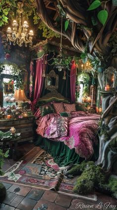 a bedroom decorated in green and pink with lots of greenery on the ceiling, bedding