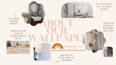 an advertisement for a wallpaper store with many different pictures and words on it, including the title'about our wallpaper '