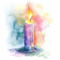 a watercolor painting of a purple candle with a yellow light on it's side