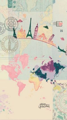 the world map is covered in stamps and other things that are all over the place