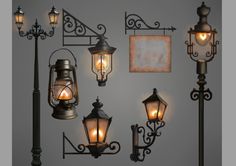 an assortment of old fashioned street lamps and lanterns on a gray background with blank signs