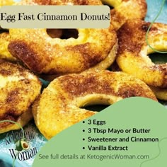 an advertisement for egg fast cinnamon doughnuts on a blue plate with other pastries