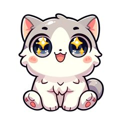 a white cat with big blue eyes and stars on it's eyes sitting down