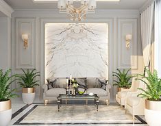 a living room filled with lots of furniture next to potted plants on top of a rug