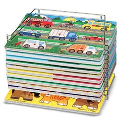 a stack of children's books with cars and trucks on them