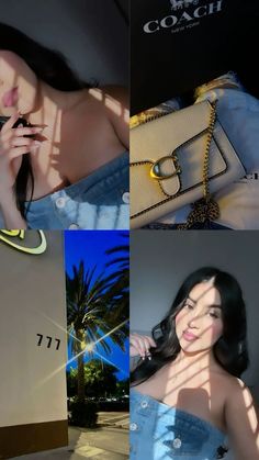 a collage of photos with a woman in blue dress holding a cell phone to her ear