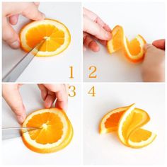 four pictures showing how to cut an orange in half and then slice it into smaller pieces