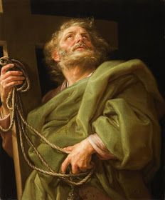 a painting of jesus holding a cross and rope