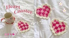 crocheted heart coasters are shown on a white sheet with pink and white designs