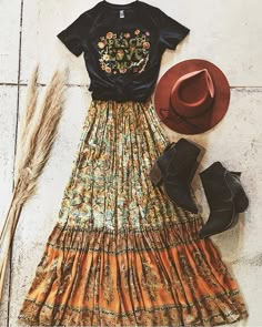 Shop this Instagram from @spell_byronbay Boho Womens Outfits Summer, Graphic Tee Boho Outfit, Slouchy Dress Outfit, Maxi Skirt Outfit Summer Boho Chic, Colorful Boho Chic Outfits, Crop Tops For Large Bust, Boho Flowy Skirt Outfit, Pastel Bohemian Outfit, Boho Casual Dress