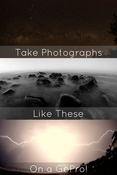 three different shots of the same sky with clouds and stars in them, one is black and white while the other is lightening