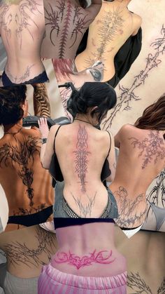 the back of a woman's body with many tattoos on it