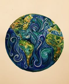 a painting of the earth in blue, green and yellow with swirls on it