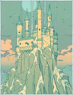 a drawing of a castle on top of a mountain