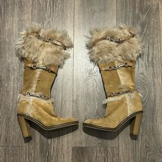 Worn Once 2000 Shoes, Brown Fur Boots, Rhinestone Boots, Coach Heels, Y2k Boots, Dream Items, Boots With Fur, Funky Shoes, Birthday Stuff