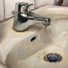 a painting of a sink with water running from the faucet