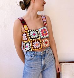 Retro Multicolor Crochet Tops, Bohemian Cotton Crochet Tank Top, Bohemian Crochet Patchwork Top For Summer, Bohemian Patchwork Crochet Top For Summer, Bohemian Patchwork Tank Top For Summer, Cotton Crochet Top With Granny Square For Festival, Hippie Crochet Lace Cotton Top, Hippie Crochet Lace Top In Cotton, Hippie Granny Square Crochet Top For Summer