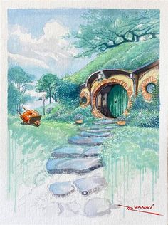 a watercolor painting of a hobbot house in the middle of a forest