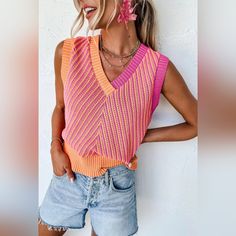 Get Ready For Some Serious Summer Vibes With Our Summer Slush Knit Sleeveless Vest! Made From A Soft Knit Fabric, This Vest Features A Bright And Playful Pink Orange Combo That Will Add A Pop Of Color To Any Outfit. Stay Cool And Stylish All Season Long With This Must-Have Piece. (No Brain Freeze Included!) Runs True With A Straight, Easy Fit Pink Color Block V-neck Top, Trendy Ribbed V-neck Sweater Vest, Pink V-neck Knit Top, Trendy Summer V-neck Sweater Vest, Multicolor V-neck Knit Sweater Vest, Trendy Pink Ribbed Sweater, Multicolor Knit V-neck Sweater Vest, Trendy V-neck Ribbed Sweater Vest, Trendy Pink V-neck Sweater