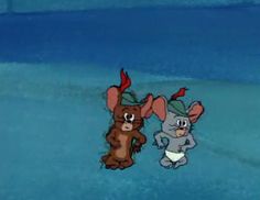 two cartoon characters are running in the water