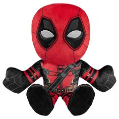 a deadpool stuffed animal is shown in front of a white background with black and red accents