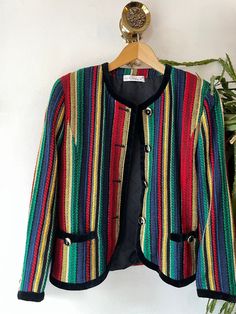 Vintage blazer Size 38/40 Length 60 cm Armpit to armpit 52 cm Shoulder to shoulder 43 cm Arm Length 61 cm Colors Ed Black Blue Yellow Beige With shoulder pads Vintage Striped Spring Outerwear, Vintage Striped Workwear Blazer, Luxury Vintage Multicolor Blazer, Handmade Multicolor Vintage Outerwear, Vintage Multicolor Wool Outerwear, Yellow Beige, Vintage Blazer, Womens Blazers, Shoulder Pads