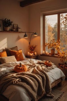 a bed with blankets and pumpkins on it in front of a window filled with candles